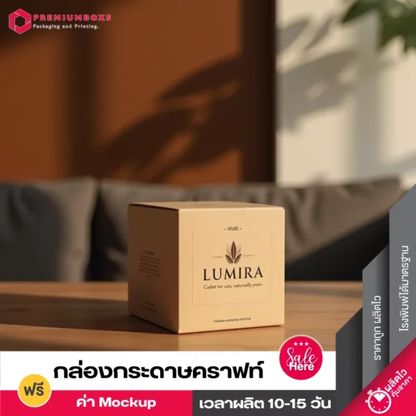 กล่องกระดาษคราฟท์ ออกแบบหรูหรา พร้อมพิมพ์โลโก้ และรายละเอียด วางอยู่บนโต๊ะไม้ในห้องนั้งเล่น
