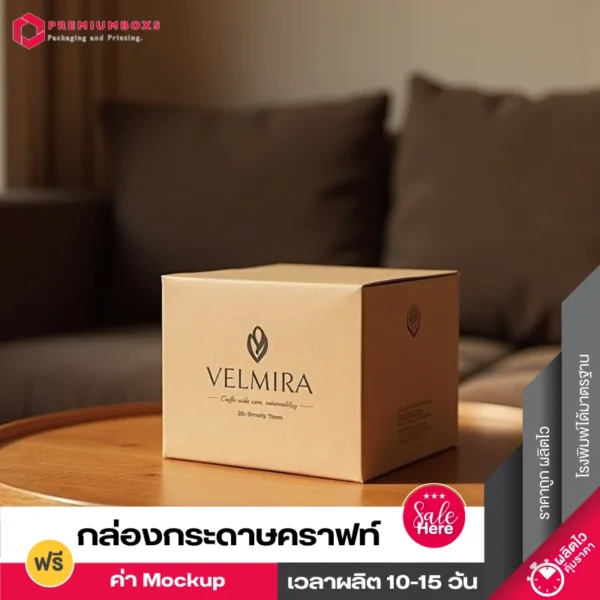 กล่องกระดาษคราฟท์ สีน้ำตาล ดีไซน์เรียบง่าย พร้อมพิมพ์โลโก้ VELMIRA วางอยู่บนโต๊ะสีน้ำตาล