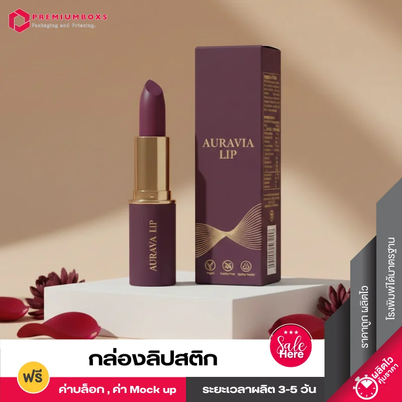 กล่องลิปสติกแท่งสีม่วงเข้ม ชื่อแบรน AURAVIA LIP เปิดฝาวางคู่กับกล่องวางบนแท่นสีขาว