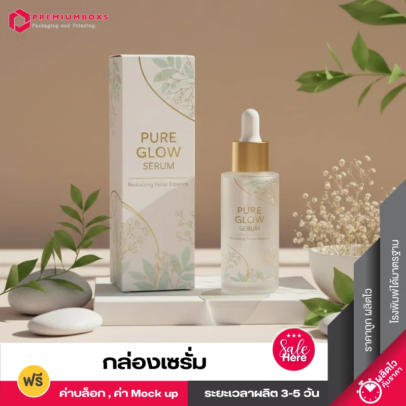 กล่องเซรั่ม Pure Glow Serum ลวดลายดอกไม้ พร้อมขวดใส พิมพ์รายละเอียด เซรั่มบำรุงผิวให้เปล่งปลั่ง