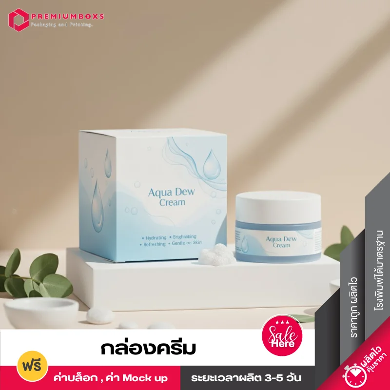 กล่องครีมบำรุงผิวหน้า Aqua Dew Cream เน้นความชุ่มชื้น กระจ่างใส และอ่อนโยนต่อผิว วางอยู่บนแท่นสีขาว