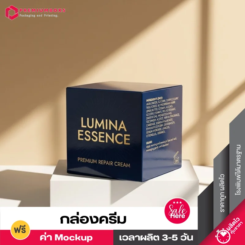 ผลิตกล่องครีม LUMINA ESSENCE สีน้ำเงินเข้ม พิมพ์ตัวหนังสือสีทอง