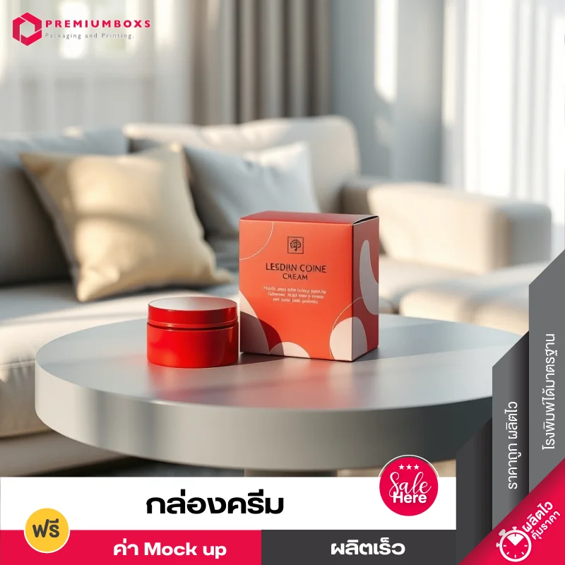 กล่องครีม สีแดง ดีไซต์หรูหรา พร้อมพิมพ์โลโก้ วางอยู่บนโต๊ะสีเทา ในห้องนั่งเล่น