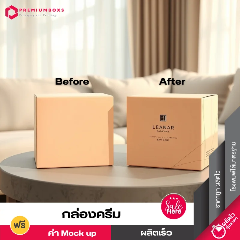 กล่องครีมสีครีมสองใบวางเทียบกันบนโต๊ะสีเทา ซ้ายยังไม่ออกแบบ ขวาพร้อมดีไซต์ออกแบบ