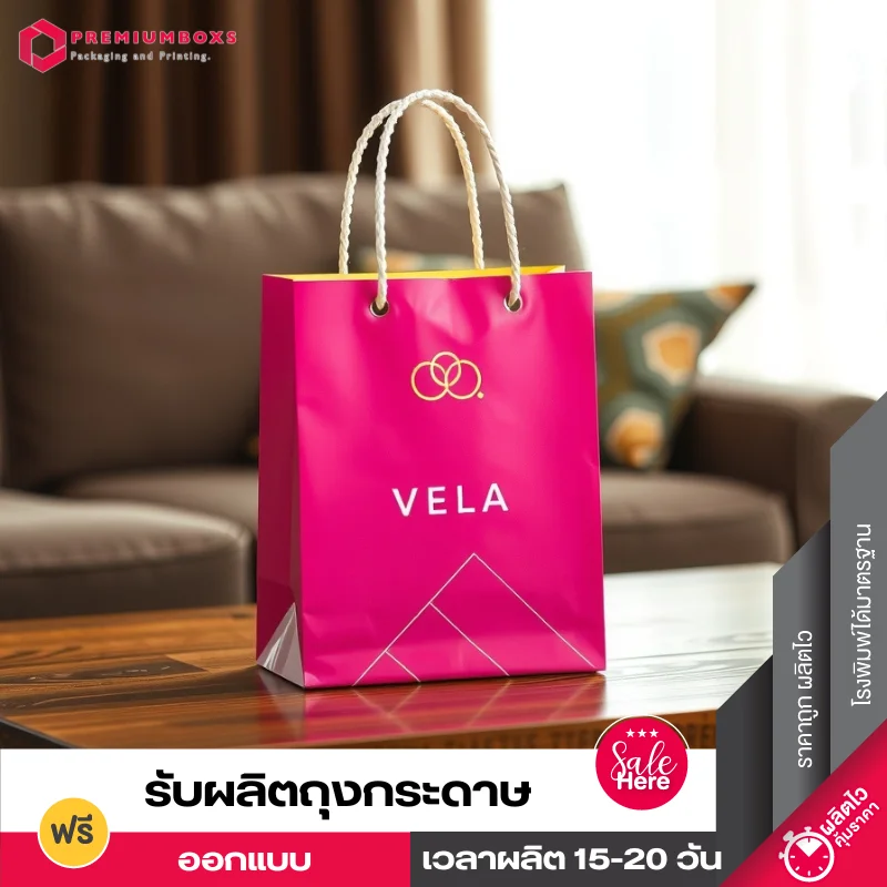 ถุงกระดาษ สีชมพูสดใส ดีไซน์หรูหรา พร้อมพิมพ์โลโก้ ออกแบบลวดลายแนวมินิมอล วางอยู่บนโต๊ะ