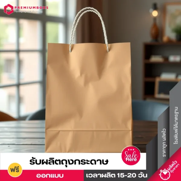 ถุงกระดาษ สีน้ำตาล โชว์ด้านหลังของถุง พร้อมหูหิ้ว วางอยู่บนพื้นไม้สีน้ำตาลในห้องนั่งเล่น
