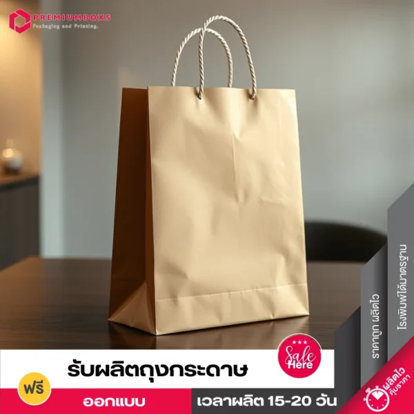 รับผลิตถุงกระดาษ สีน้ำตาล วางอยู่บนโต๊ะไม่ โชว์ด้านข้างซ้าย ของถุง วางอยู่ในห้องรับแขก
