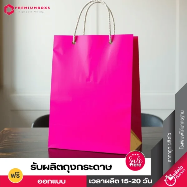 รับผลิตถุงกระดาษอาร์ตการ์ด สีชมพู คุณภาพดี ตัวถุงวางโชว์ด้านหลังของถุงกระดาษ พร้อมหูหิ้วเชือกถักสีขาว