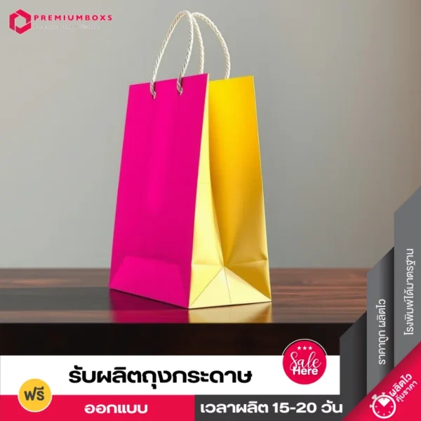 พิมพ์ถุงกระดาษ สีชมพูสดใส วางโชว์ด้านขวาของถุงเป็นสีเหลืองสดใส วางอยู่บนโต๊ะในห้องครัว