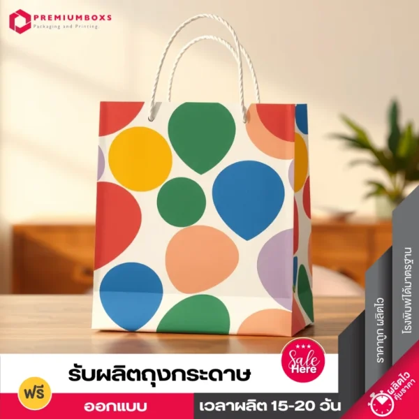 ร้านสกรีนถุงกระดาษ สีขาว ดีไซต์แนวธรรมชาติ ลวดลายใบไม้หลากสี วางอยู่บนโต๊ะสีน้ำตาล
