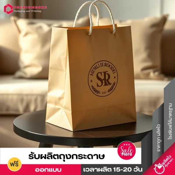รับผลิตถุงกระดาษคราฟท์ สีน้่ำตาล วางอยู่บนโต๊ะโชว์ด้านข้างซ้ายของถุงกระดาษ