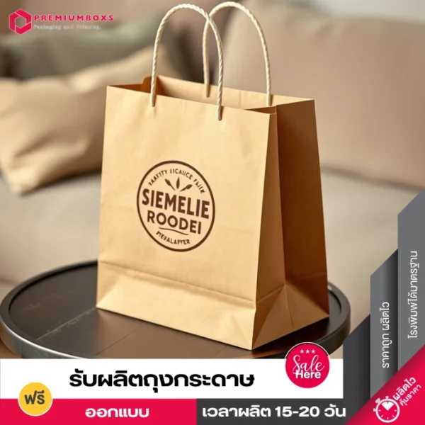 ถุงกระดาษน้ำตาล ราคาถูก พร้อมพิมพ์ โลโก้ มีหูหิ้วด้านบนถุง ถุงกระดาษวางโชว์ด้านขวาของตัวถุง