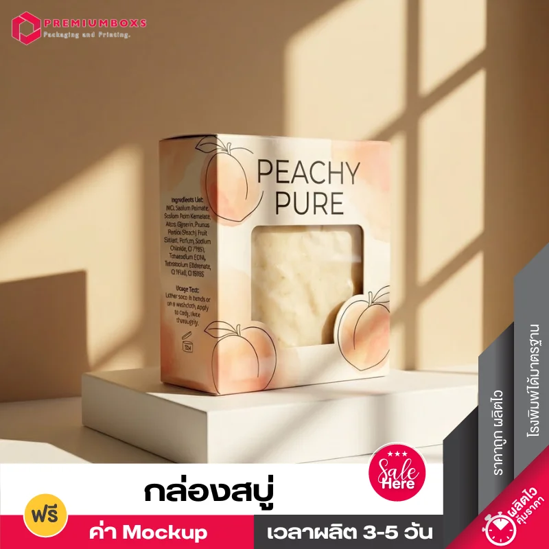 กล่องสบู่ PEACHY PURE พิมพ์ลายลูกพีชสีน้ำ เจาะหน้าต่างโชว์เนื้อสบู่