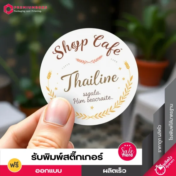 รับพิมพ์สติ๊กเกอร์ พร้อมพิมพ์โลโก้ Shap Cafe ดีไซต์หรูหรา เนื้อ PP ขาวทึบ