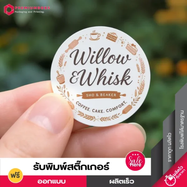 สติ๊กเกอร์ เนื้อ pvc ออกแบบเรียบหรู พร้อมพิมพ์โลโก้และลวดลายขนมเบเกอรี่