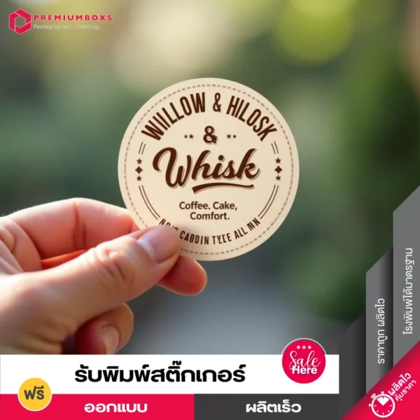 รับทำสติ๊กเกอร์ สีครีมอ่อนๆ ออกแบบเรียบง่าย พร้อมพิมพ์โลโก้ Whisk