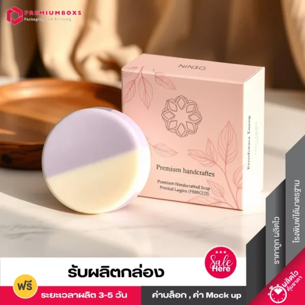 กล่องบรรจุภัณฑ์สบู่ สีชทพูพาสเทล ดีไซน์หรูหรา พร้อมพิมพ์โลโก้ วางอยู่บนพื้นสีขาว
