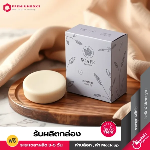 packaging สบู่ สีม่วงพาสเทล ออกแบบเรียบหรู พิมพ์โลโก้สีดำ วางอยู่บนเขียงไม้