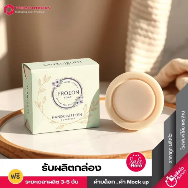 รับผลิตกล่องสบู่ สีเขียวอ่อน พร้อมพิมพ์โลโก้ FROEON มีก้อนสบู่วางอยู่ข้างๆกล่อง อยู่บนแผ่นกระเบื้อง