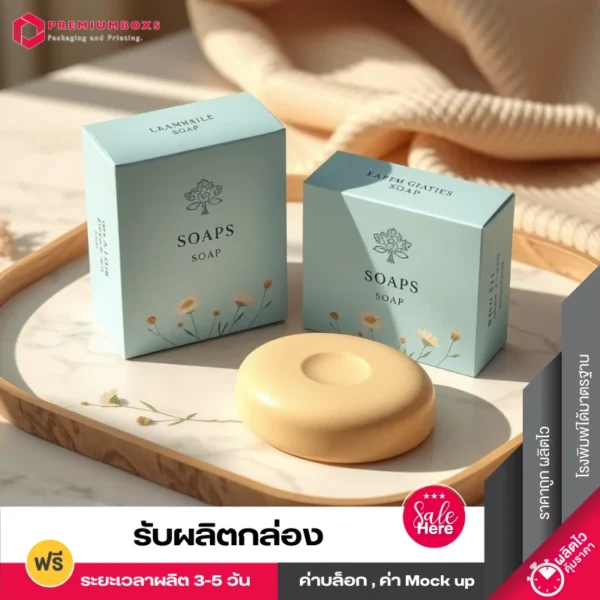 กล่องบรรจุภัณฑ์ สีฟ้าสองกล่อง ดีไซน์หรูหรา พร้อมพิมพ์โลโก้ วางคู่กันพร้อมมีก้อนสบู่วางอยู่ข้างหน้ากล่อง