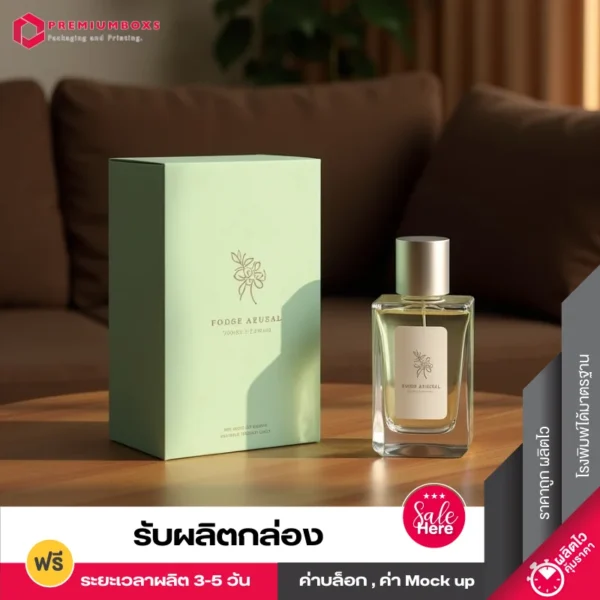 สั่งผลิตกล่องบรรจุภัณฑ์ น้ำหอมสีเขียวมิ้น ออกแบบเรียบง่าย แนวมินิมอล พร้อมพิมพ์โลโก้ วางอยู่บนโต๊ะ