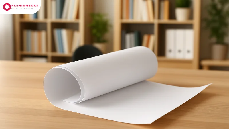 กระดาษปอนด์ขาวสำหรับเอกสารทั่วไป วางบนโต๊ะทำงานในห้องหนังสือ