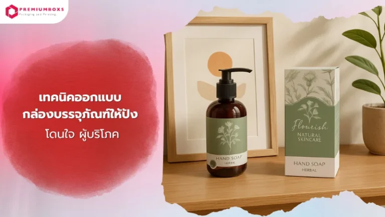 กล่องบรรจุภัณฑ์สบู่ล้างมือ ดีไซน์แนวมินิมอลสื่อถึงความเป็นธรรมชาติ วางคู่ขวดผลิตภัณฑ์จริง
