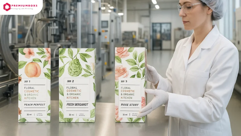 นักวิจัยหญิงในห้องแล็บกำลังตรวจสอบกล่องบรรจุภัณฑ์เครื่องสำอางออร์แกนิก ดีไซน์ลวดลายผลไม้และดอกไม้ เพิ่มความน่าเชื่อถือให้แบรนด์